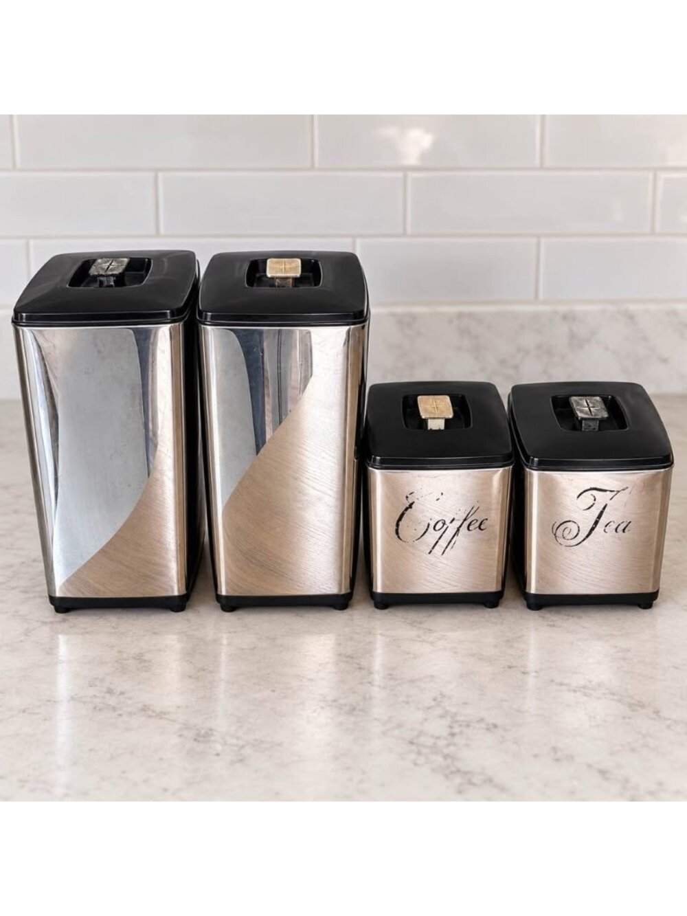Vintage Stainless Steel Kitchen Canister Set Coffee Tea Black Lids Set of 4